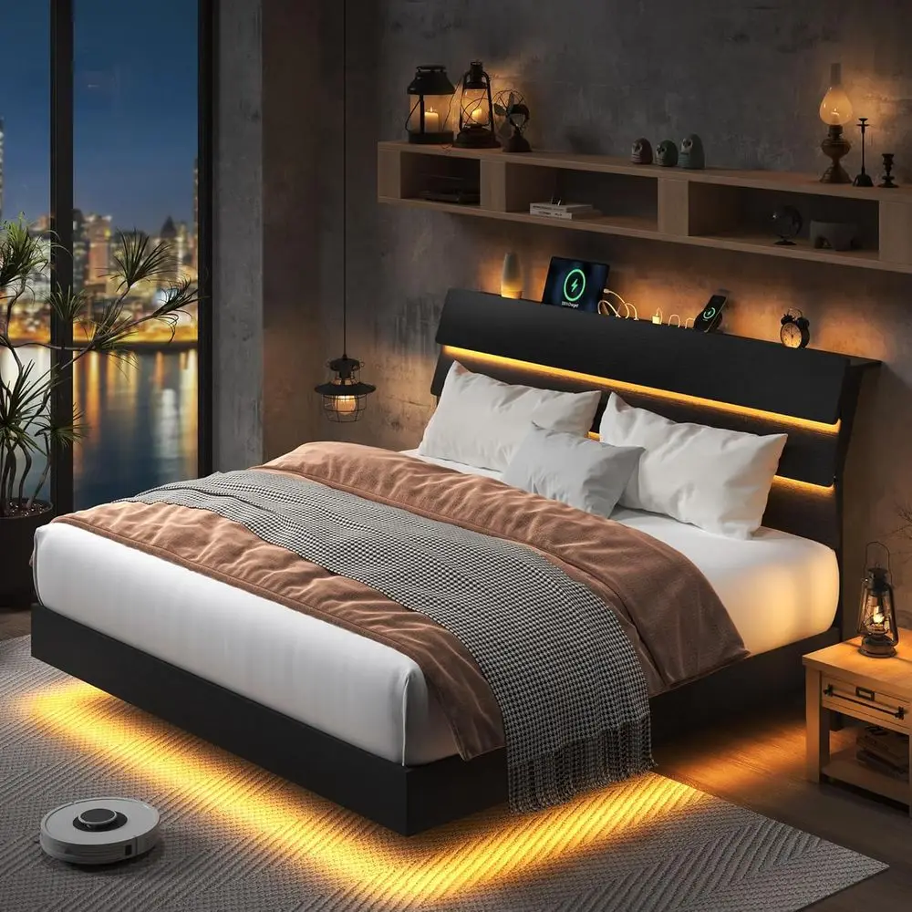 

eonase loating Bed e King with Led Lights and Charging Station, Wood ull Size Bed e with Storage board, Heavy Duty Metal Slats,