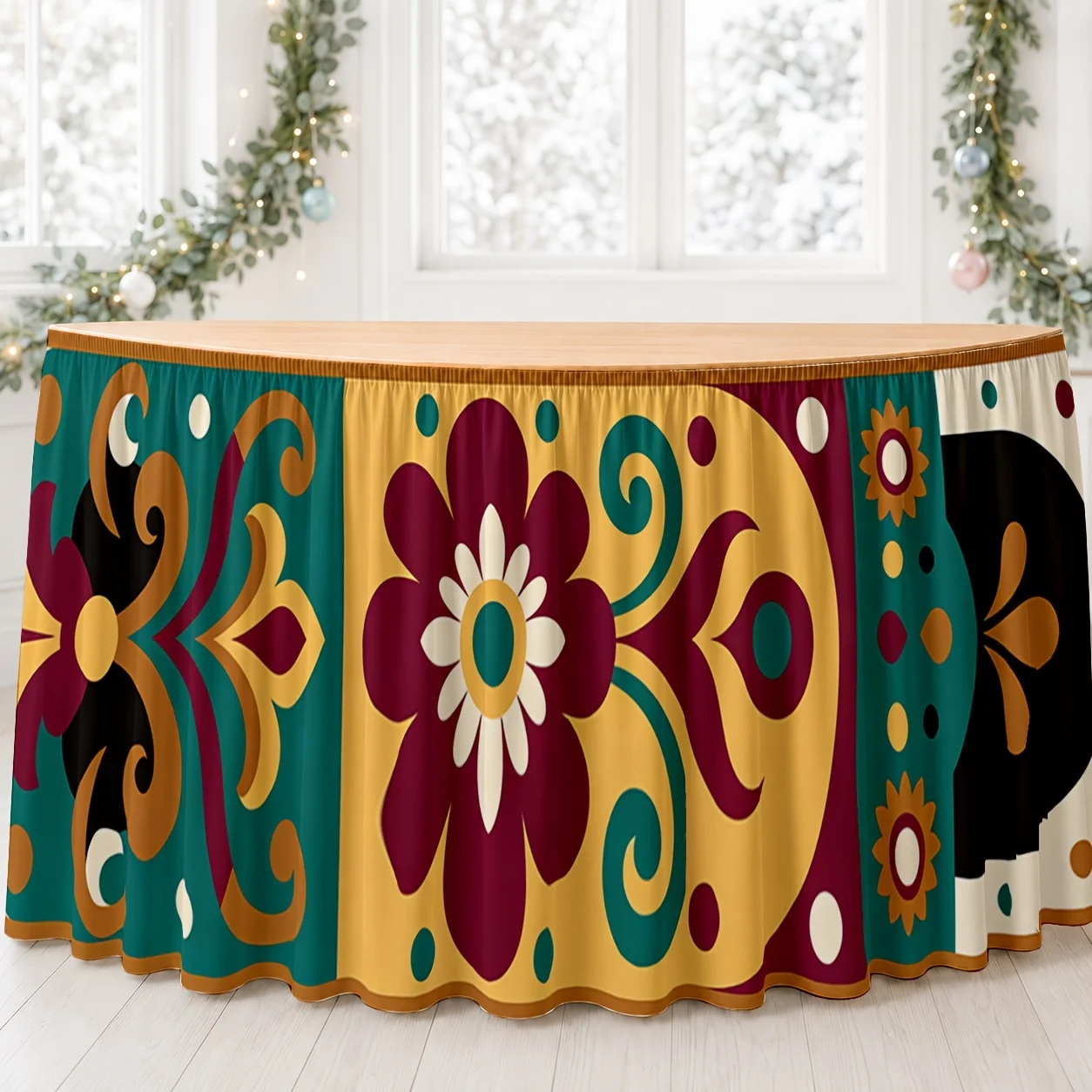 1 piece of floral pattern tablecloth, made of polyester, in bright colors, luxurious, with traditional Mexican style.
