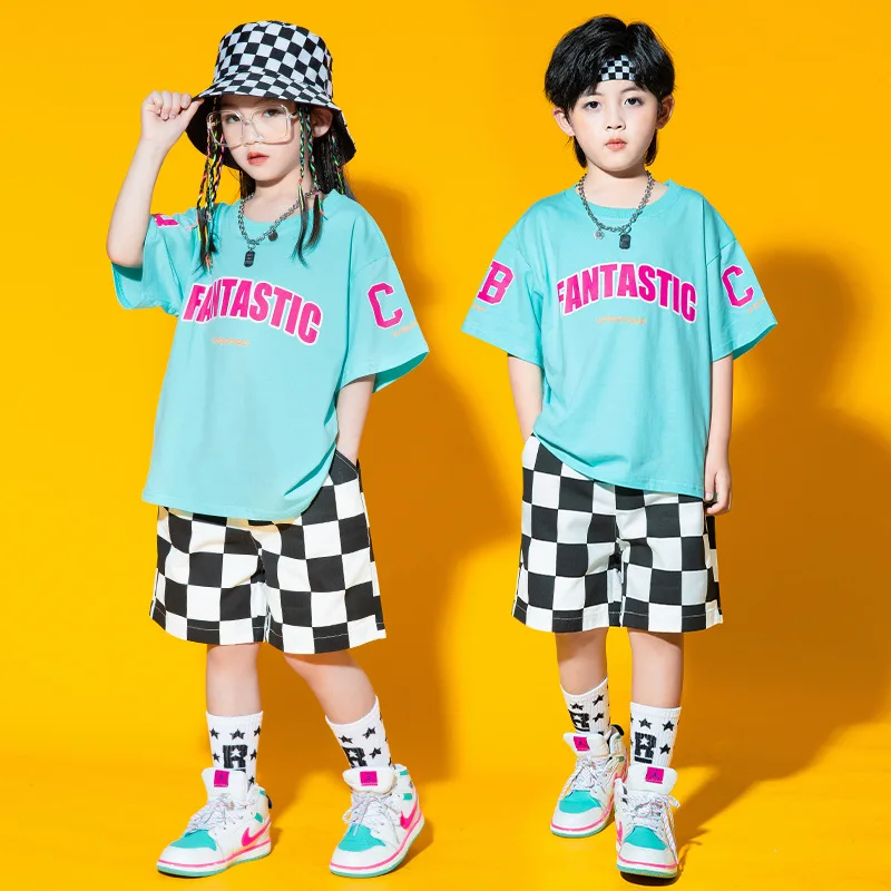 Kid Hip Hop Clothing Blue Graphic Tee T Shirt Top Checkered Wide Casual Summer Shorts for Girls Boys Jazz Dance Costume Clothes