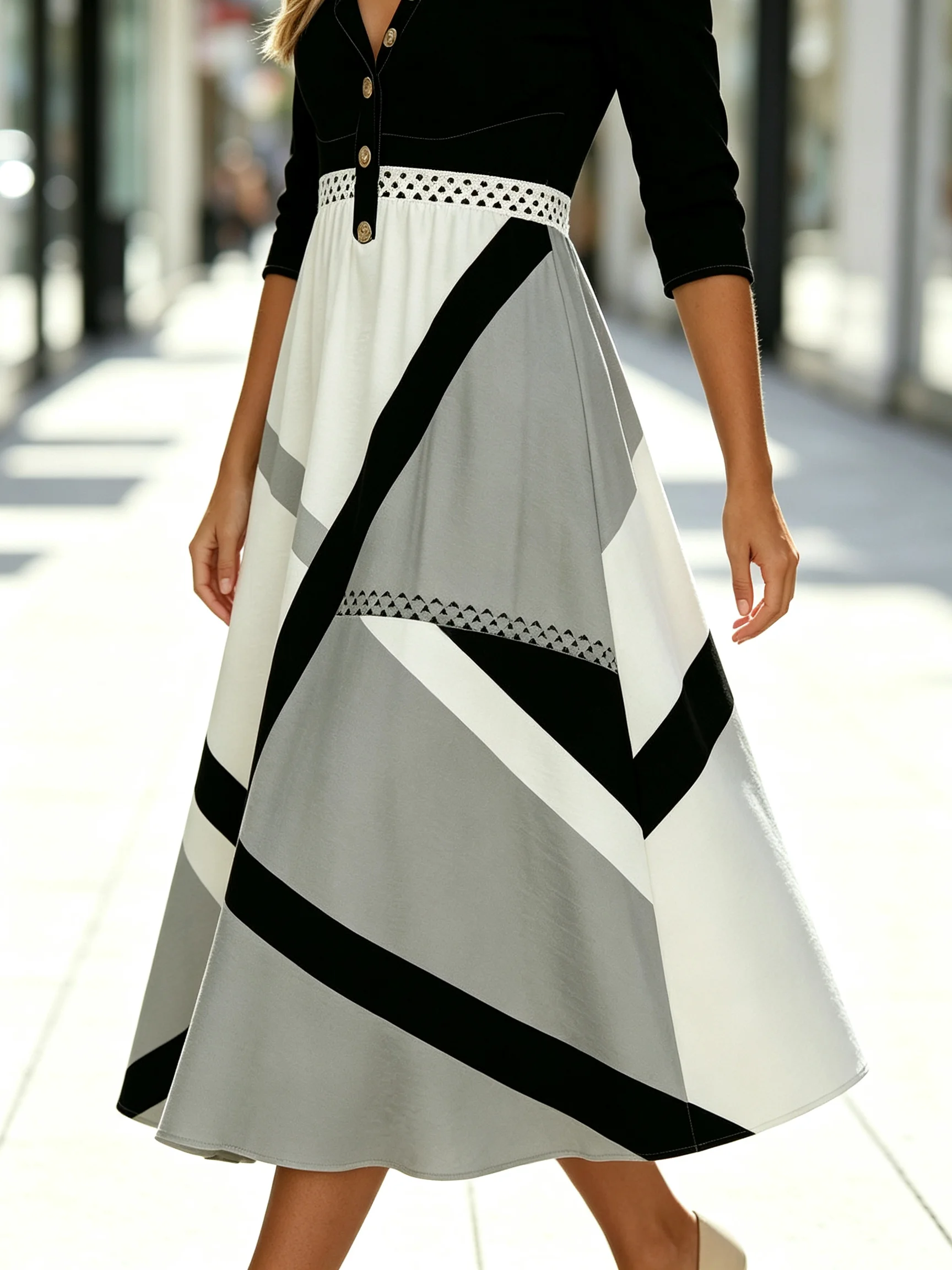 Damen-Midikleid mit 3/4-Ärmeln, farbblockiertem geometrischem Muster, V-Ausschnitt, Knopfleiste vorne, A-Linien-Schnitt, langes Kleid mit Taschen. – Detail 3