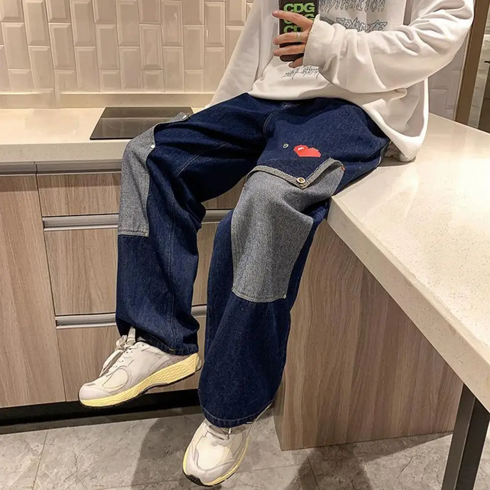 Harajuku Wide Leg Baggy Jeans Pants Men Love Heart Oversize Straight Denim Buttton Cargo Long Trousers Streetwear Student New