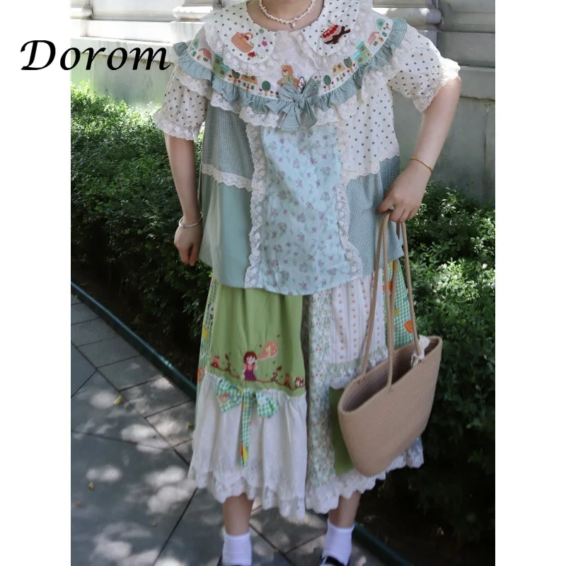 Vintage Dot Patchwork lolita shirt Women Summer Japanese Mori kei clothing Sweet Lace Ruffled peter pan collar shirts and blouse