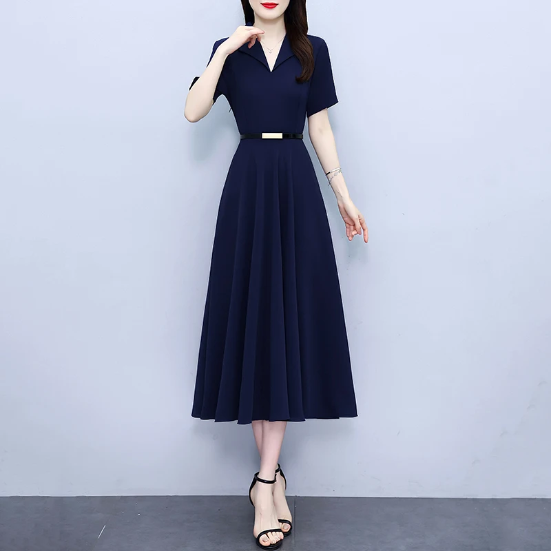 Women Polyester Long Dresses Summer Female Lapel Collar Short Sleeve Large Size 4XL Elegant Burgundy Navy Blue Pleated Vestidos