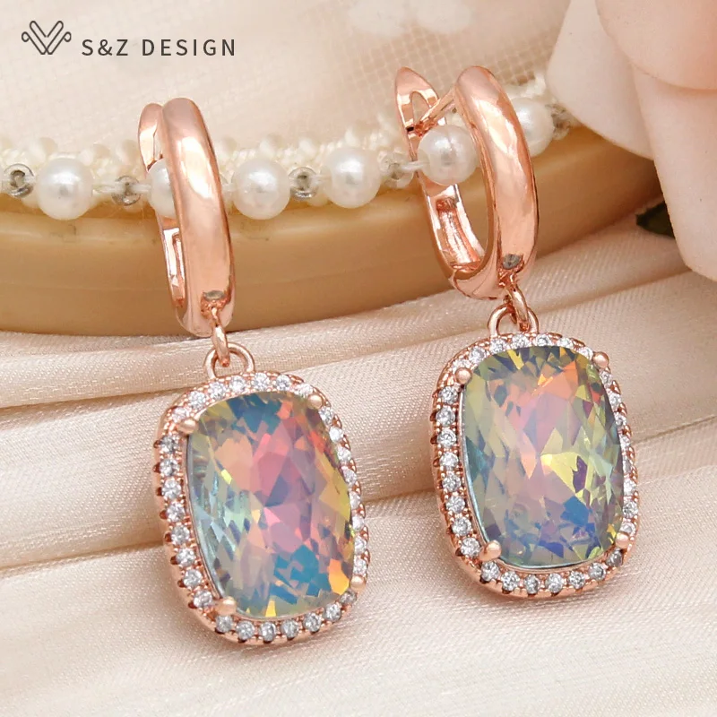 S&Z DESIGN New Fashion Elegant Rectangle Crystal Dangle Earrings For Women Wedding 585 Rose Gold Color Cubic Zirconia Jewelry