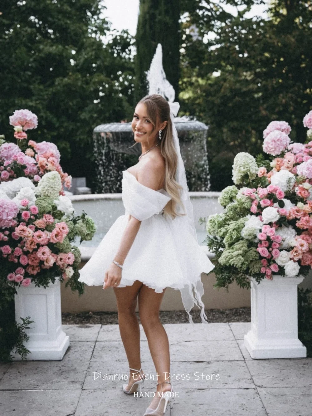 Dianruo Layered Hem Mini Wedding Dress Off Shoulder Civil Vestido De Noiva Handmade A Line Puffy Homecoming Dress Customized