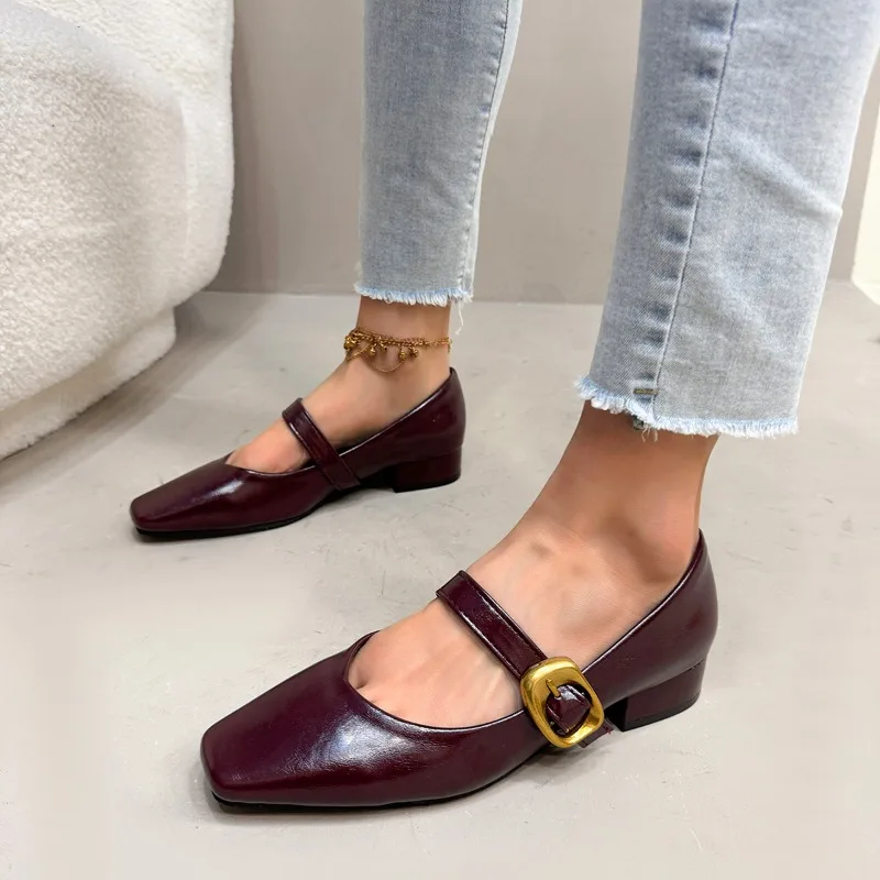 

2025 New Buckle Strap Women’s Low Heel Pumps Fashion Square Toe Elegant Dress Comfortable Classic Plus Size Shallow Office Shoes