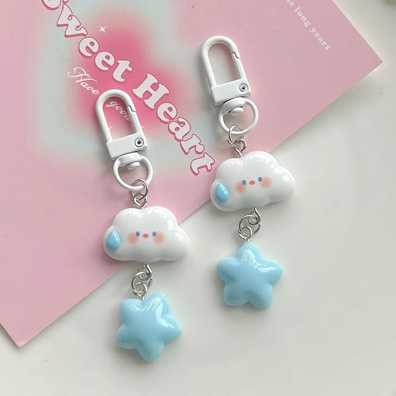 1PC Cute Cloud Blue Star Keychain for Car Keys Accessories Original Design Kawaii Keyring Women Handbag Bag Pendant Key Chains