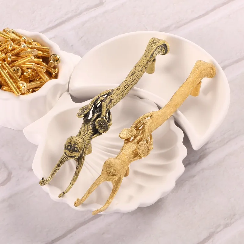 2Pcs Lucky Monkey Blessing, Underwater Moon, Brass Door Handle, Monkey Hook, Coat Hanger, Bedroom Cabinet Door Pull