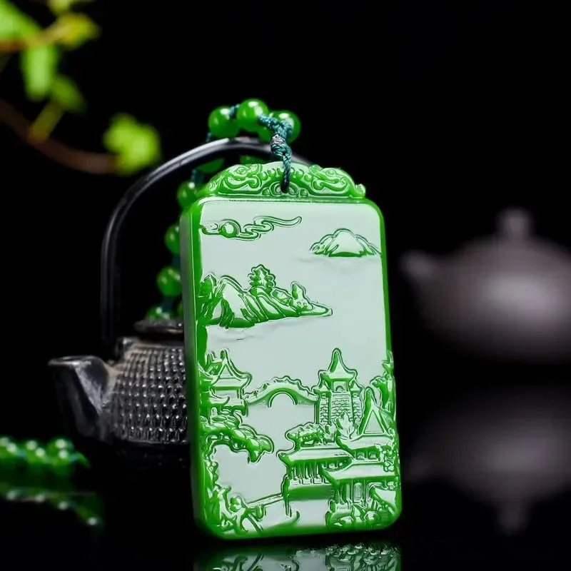 Natural Green Three-dimensional Double-sided Hand Carved Landscape Jade Pendant Boutique Jewelry Men's and Women's Necklaces
