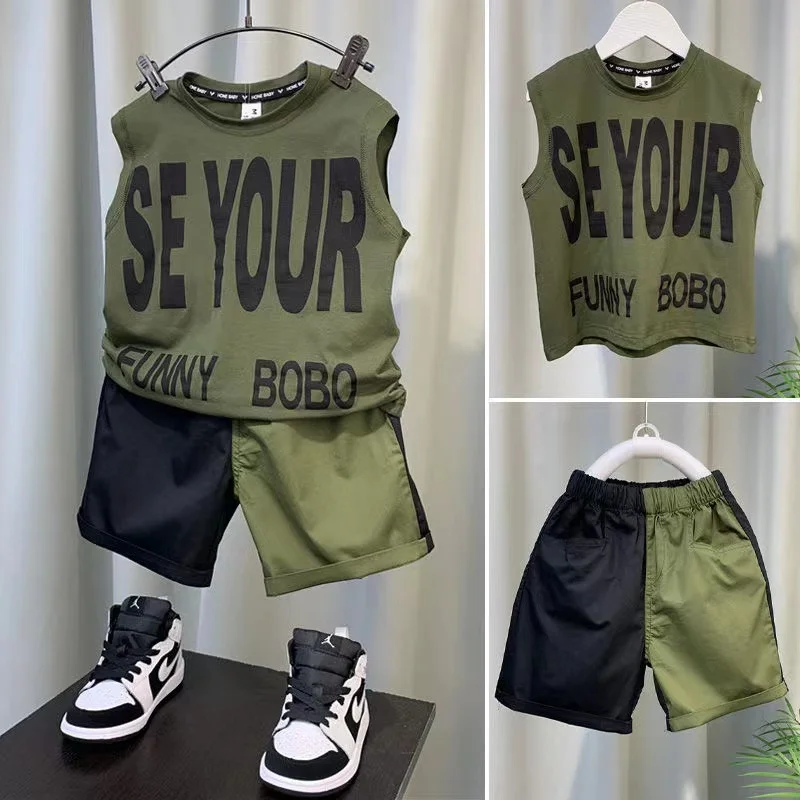 

Army Green Black Personalized Splicing Letter Sleeveless Vest Shorts 2PCS Summer Outfits Fashion Toddler Baby Boys Sport Clothes