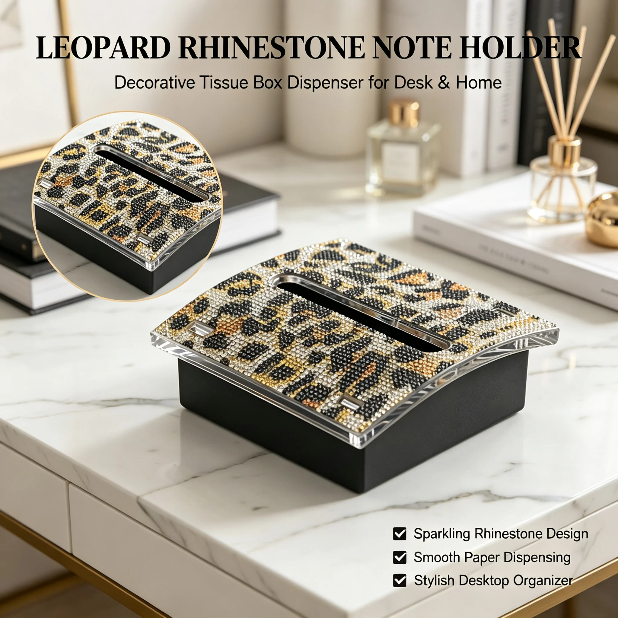 4x4 Inch Leopard Rhinestone Note Holder Dispenser Cute Animal Print Memo Box Decorative Desk Accessory Paper Organizer for Table