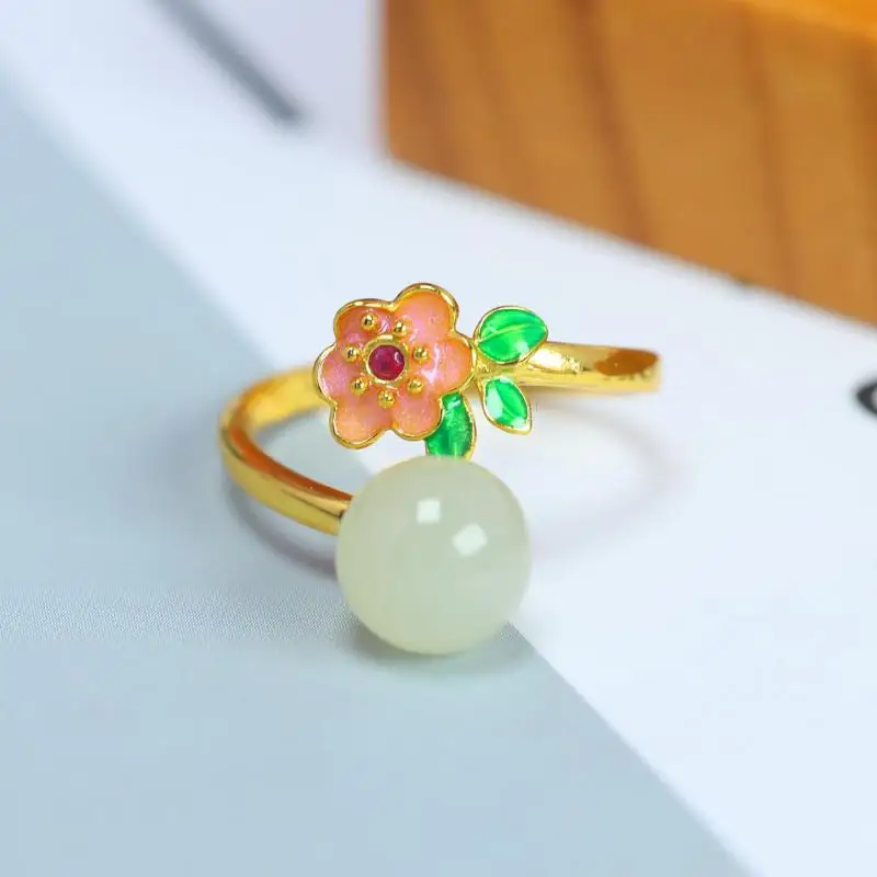 Genuine China Nephrite Stone White Hetian Jade Round Beads 925 Silver Enamel Flower Rings Women Certified Jewelry Elegant Gifts