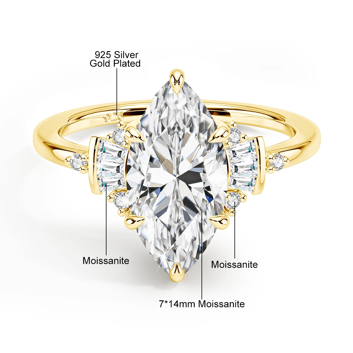 Luxuriöser Marquise-Verlobungsring 3ct 7*14mm Moissanit Laborgezüchteter Diamantschmuck für Damen mit GRA-Zertifikat Hochzeitsgeschenk im Angebot – Detail 1
