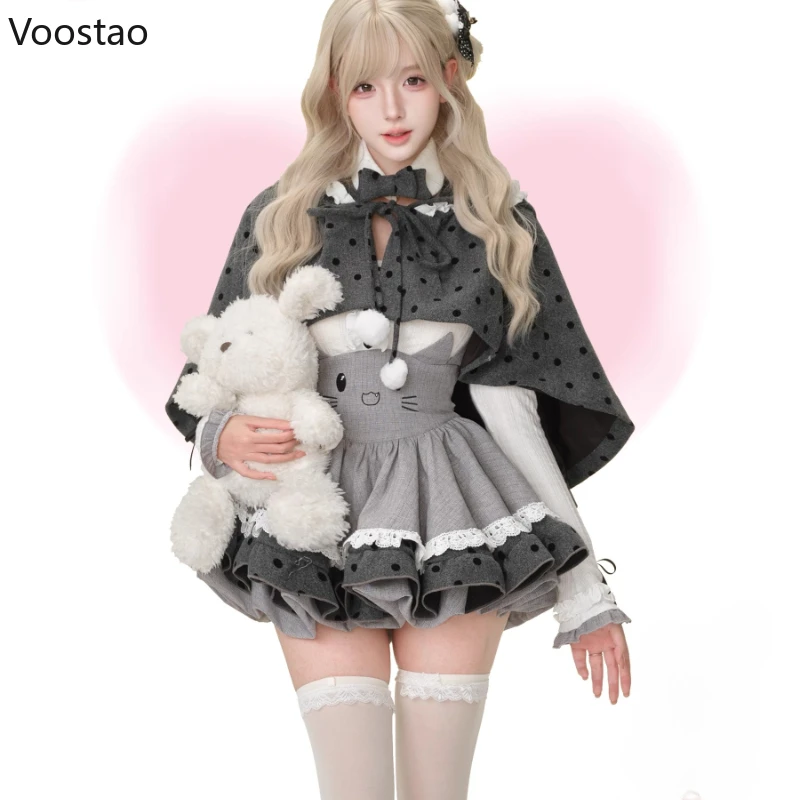 和風スイートロリータスタイル3点セット レディース カワイイブラウストップス フード付きケープコート 漫画風ミニストラップドレス ガールズ Y2K キュートスーツ