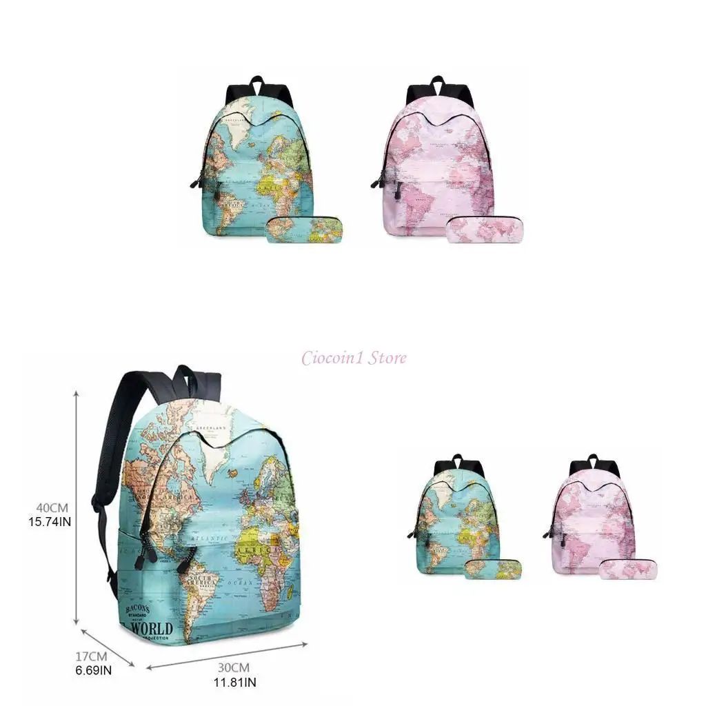 

Y1UB 2pcs World Map Printing Backpack Laptop Daypack Bookbag with Pencil for Case Set