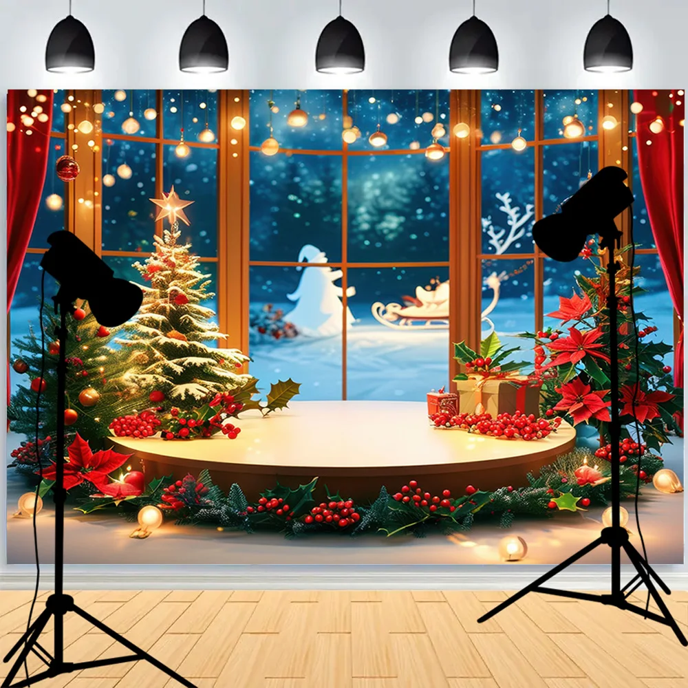 Festive New Year Background Homely Atmosphere Fireplace With Christmas Tree Presents Wreath Archway Photography Backdrops DC-23