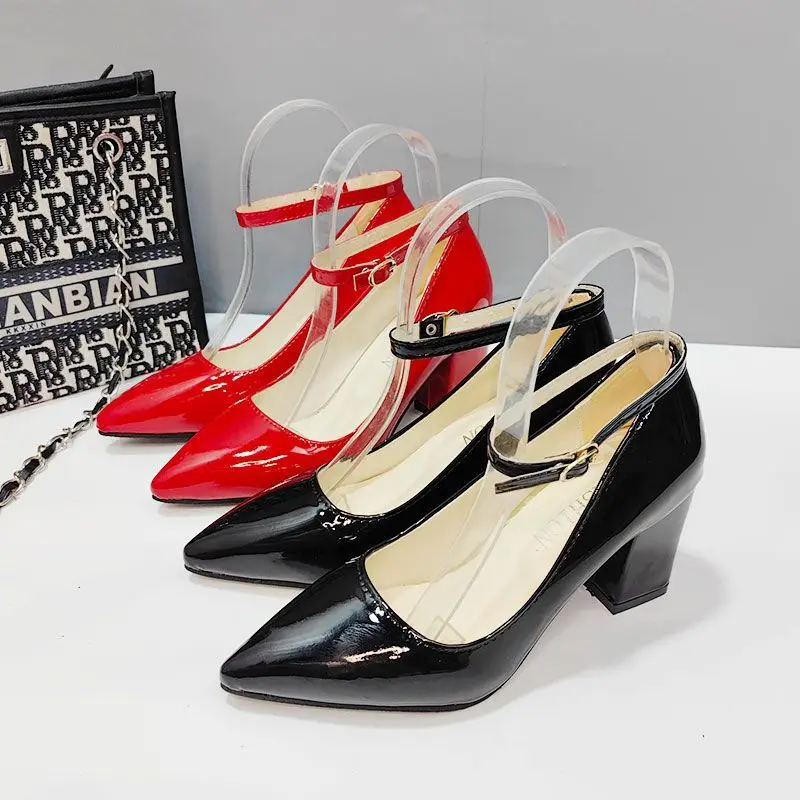 7cm Square Heel Pumps Women Shoes Leisurea nkle Strap Smooth Rivet Fixation Pimp Strip Buckle Pointed Toe Plus Super Big Size 50