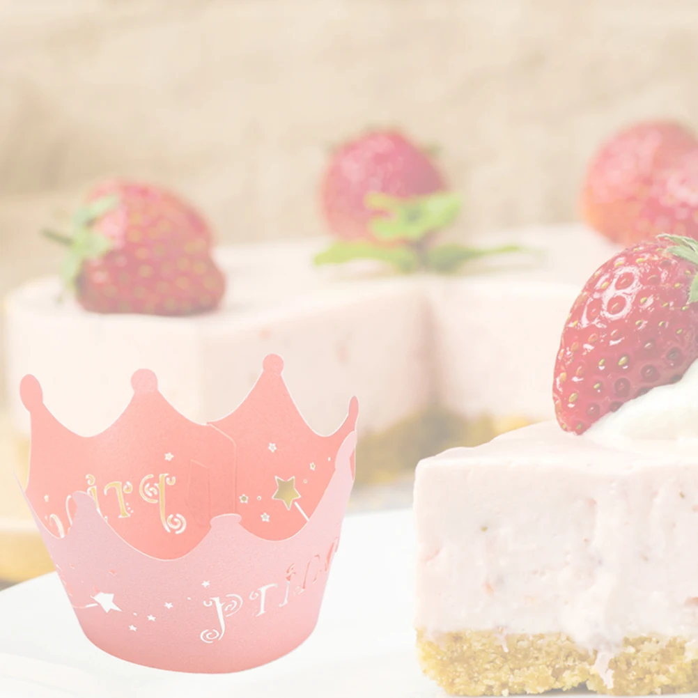 

24 Pcs Cake Wrappers Cupcake Wrapper Lace Hollow Out Pink Crown Wraps for Wedding Party Decorations Bakery Supplies