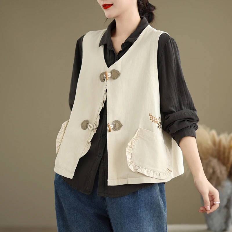 

Хлопковый жилет с вышивкой в стиле ретро, женский свободный топ, универсальный осенне-весенний тонкий Sle, модный простой дизайн