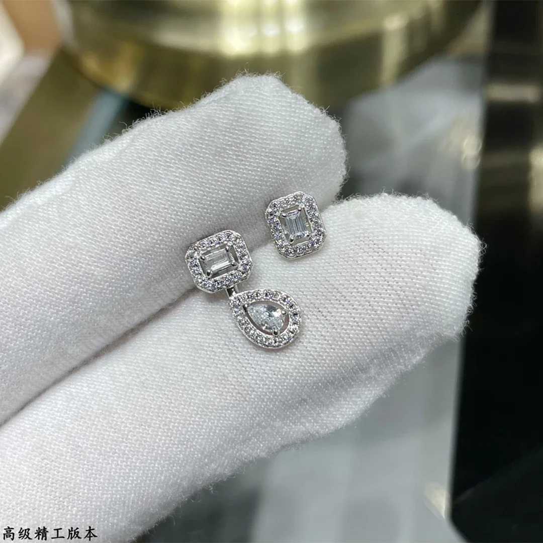 925 Sterling Silver Luxury Jewelry My Twin1+2 Platinum Diamond Women's Mixed Earrings Asymmetric Droplet Blocks