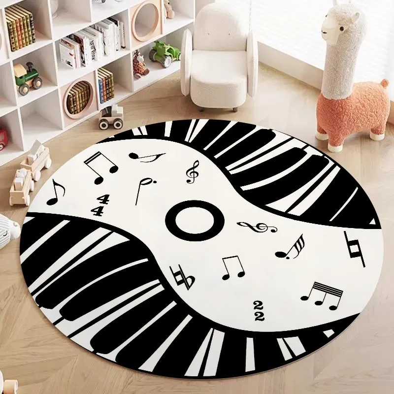 Anti Slip Round Floor Carpet Piano Key and Music Symbol Pattern Rug for Household Indoor Decoration