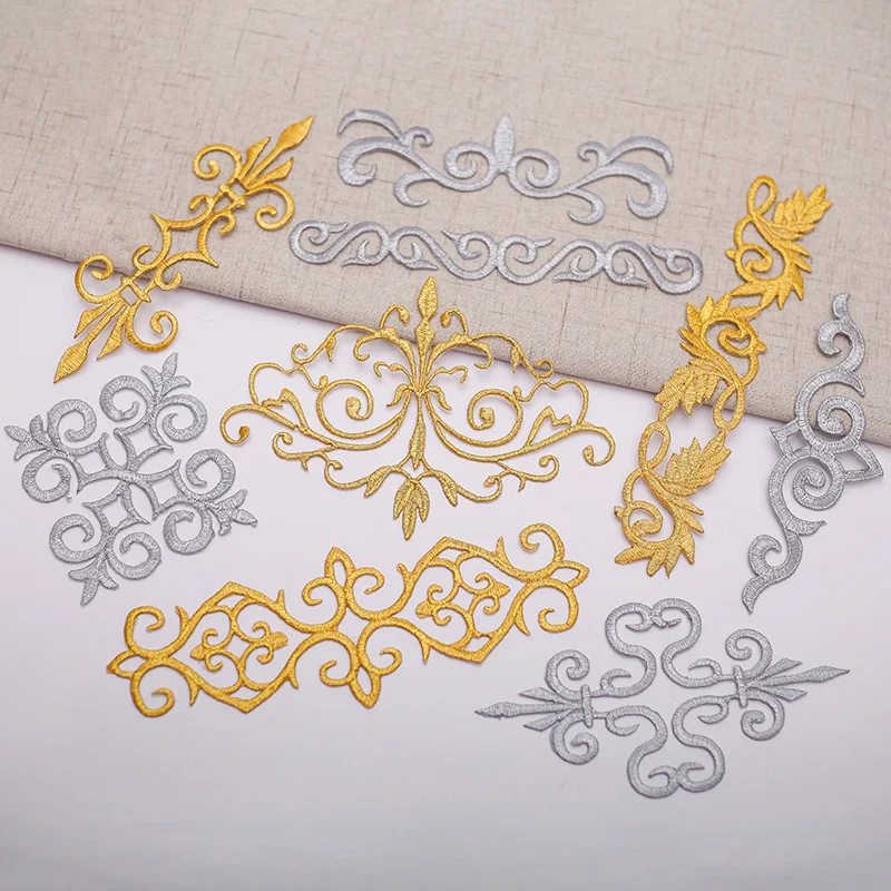 1PC Embroidered Appliques Patches Lace Fabric Iron On Trims Gold Silver Dress DIY Vintage Gold Silver Embroidered Baroque Flower