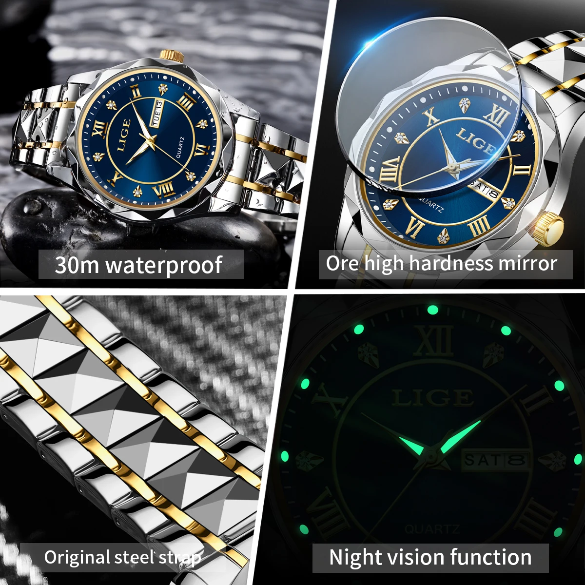 LIGE Luxury Business Man Wristwatch Waterproof Luminous Date Week Men Watch For Men Quartz Clock Leather Men\'s Watches reloj