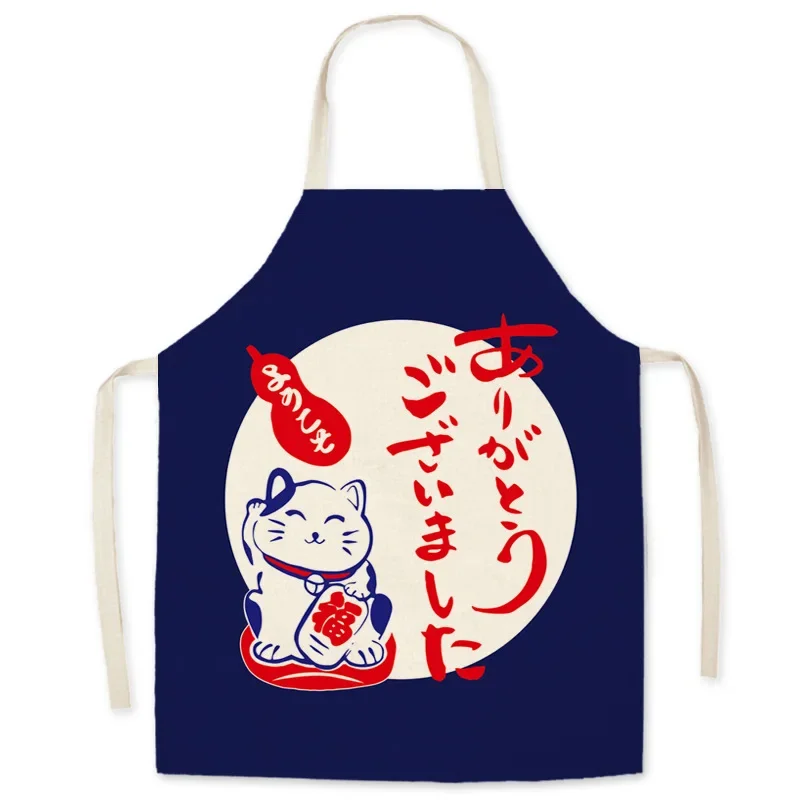 Linen Apron Japanese Cartoon Lucky Cat No Repair Bib Parent-child Couples Waterproof Antifouling Household Kitchen Supplies