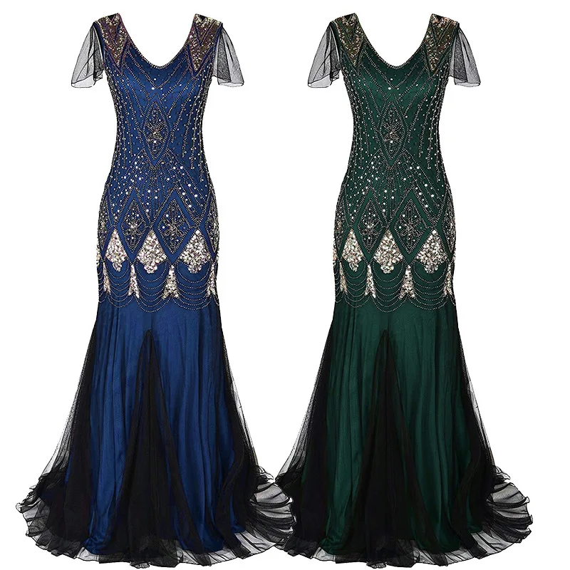 European and American Sexy Evening Dress Femininity Elegant Sequin Dress Gatsby Vintage Dress Plus Size Banquet Party Dresses