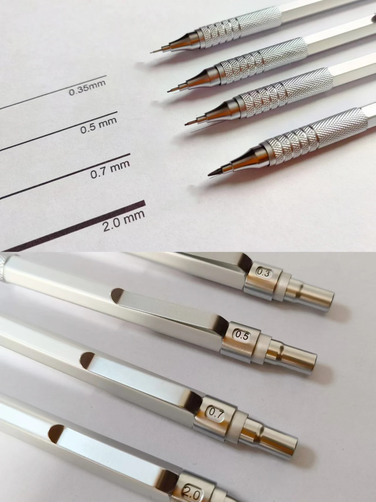 Hochwertiges Metall-Druckbleistift-Set mit Minen, Zeichenbleistift 0,3, 0,5, 0,7, 2,0 mm für Kunstbedarf – Detail 8