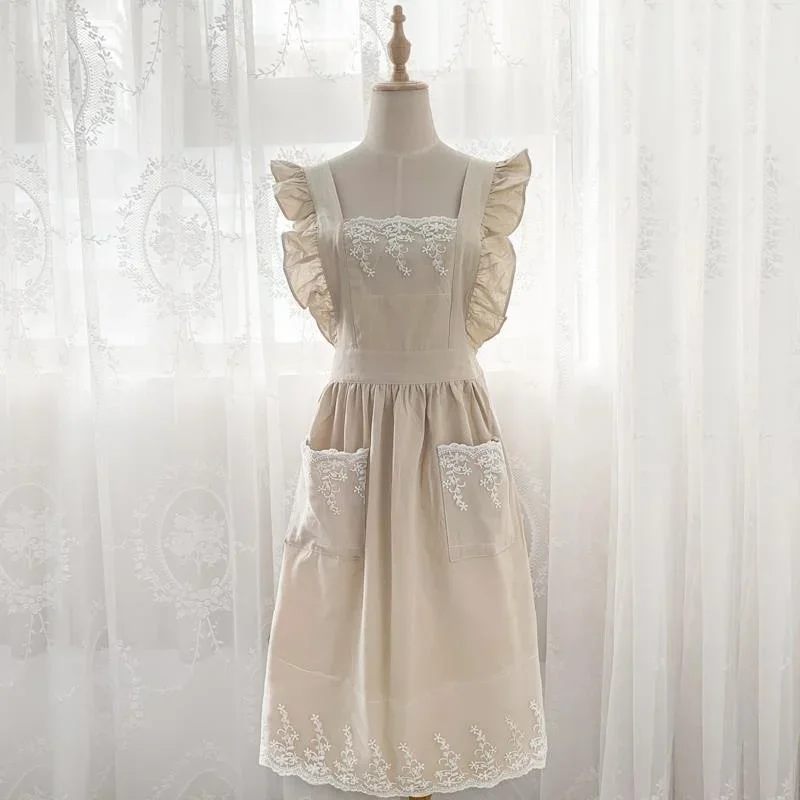 

Washed Cotton Linen Lace Kitchen Aprons Flower Shop Garden Ruffles Work Clean Apron for Woman Dress