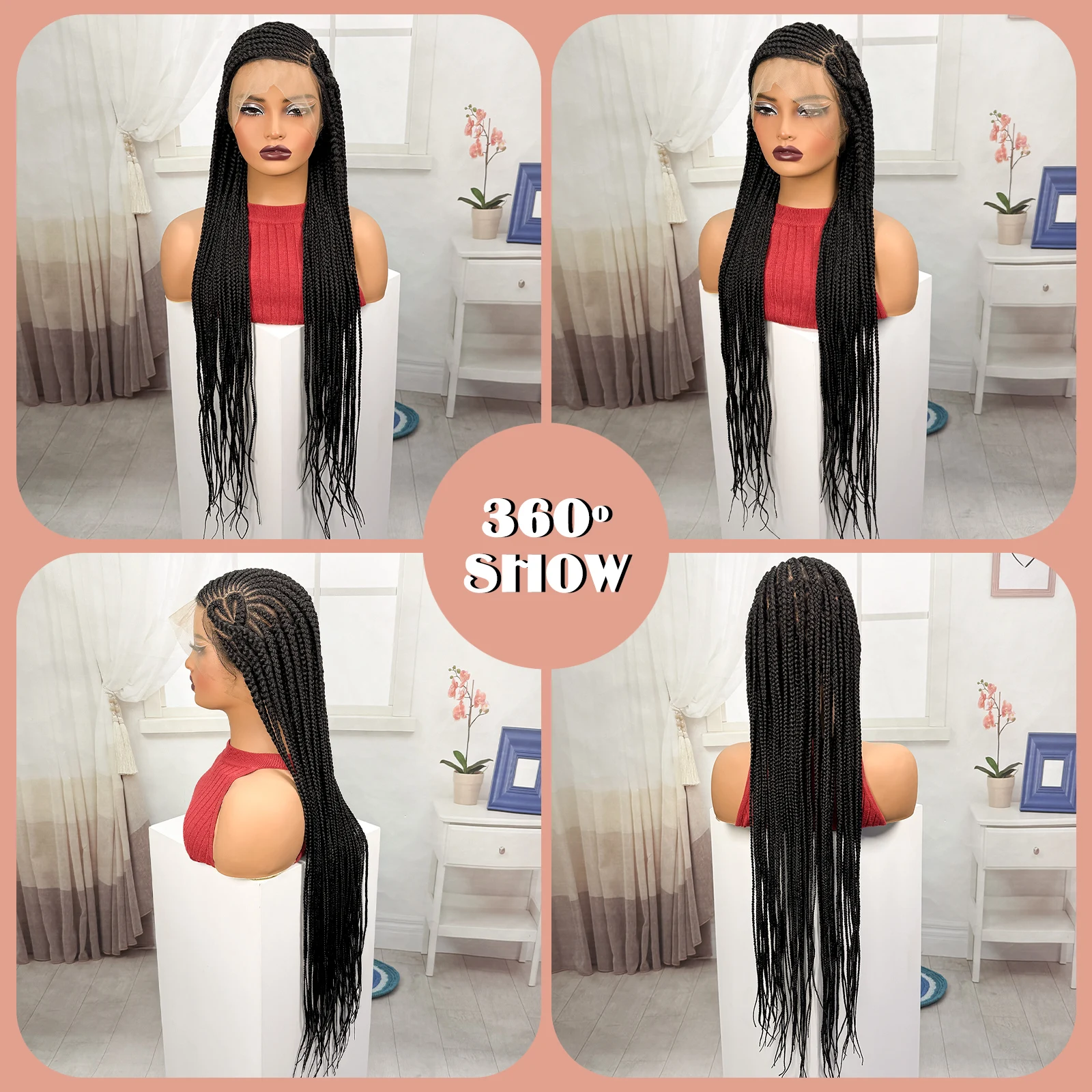 36inch Full Lace Natural Cornrow Braided Wigs Synthetic Braiding Hair Wigs Box Braided Lace Wigs with Baby Hair for Black Women