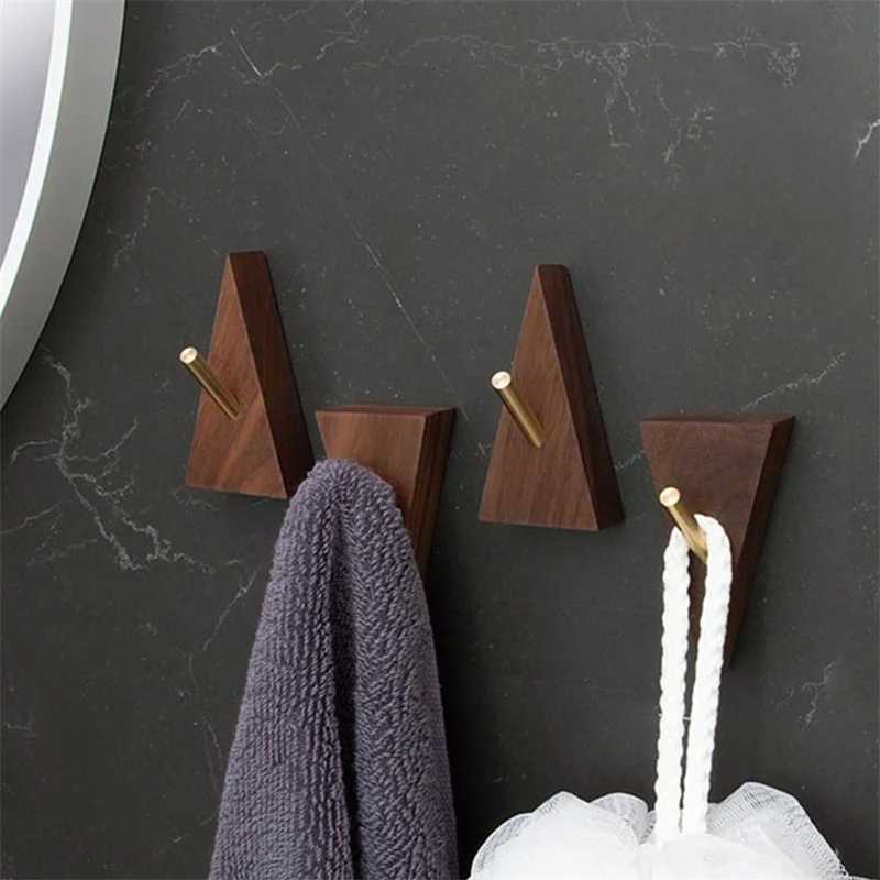 Triangle Shape Brass Solid Wood Hooks Multi-Purpose Key Holder Decoration Wall Coat Rack Door Clothes Storage Home Organizer