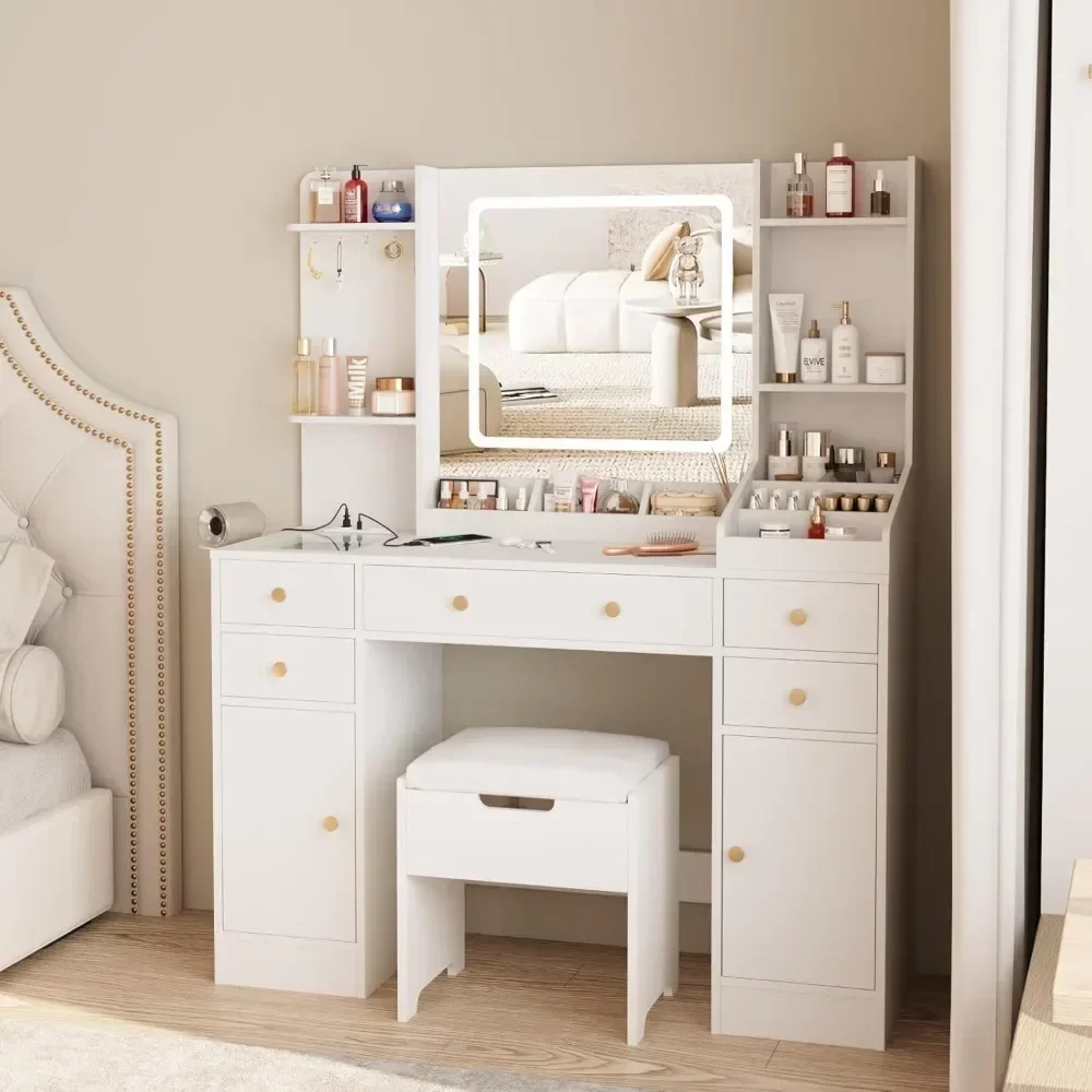 Vanity Desk with Lights, Makeup Vanitys Table with Charging Station, 44.9 inc Big Vanity Set with 5 drawers & Lots Storage Space