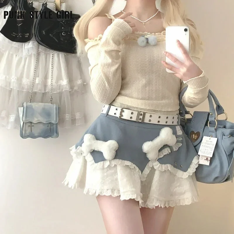 Japanese Kawaii Lolita Cake Skirt Women 90s Cute Plush Bone Mini Skirt Lace Patchwork Cute Y2k High Waist A-line Shorts Skirt