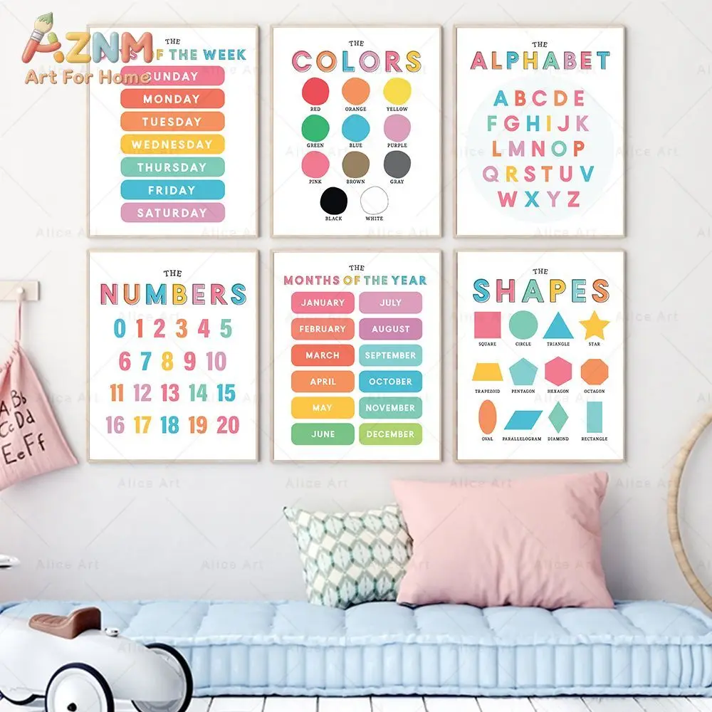 AZNM Kids Educational Canvas Wall Art Alphabet Numbers Shapes Colors Week Month Learning Chart Print Frameless Canvas Painting P