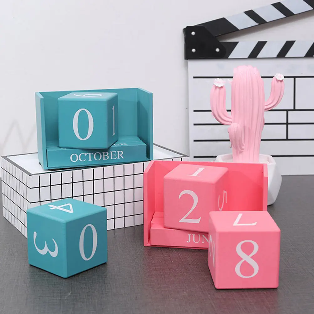 Classic Wooden Block Desk Calendar Four-Sided Month Letters Perpetual Desk Decoration Office Home Living Room Calendar
