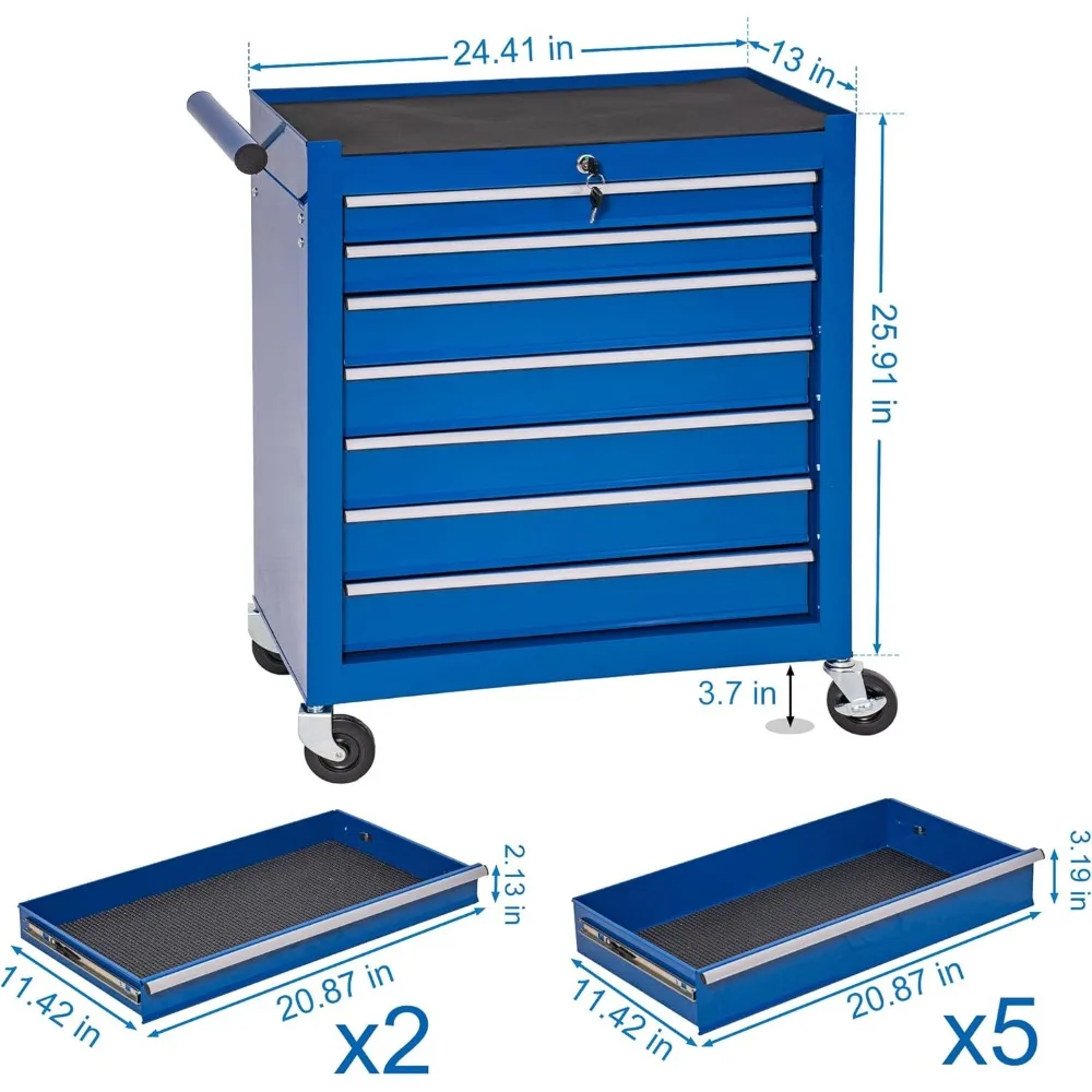 "Metal Rolling 7-Drawer Tool Chest with Lockable Storage Cabinet for Workshop Repairs"