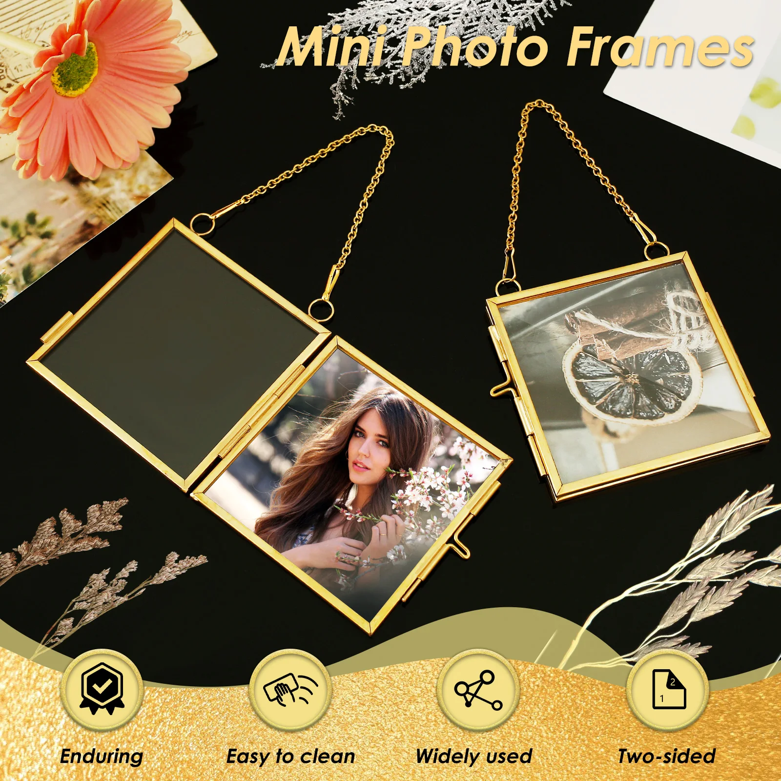 2Pcs Metal Glass Square Hanging Mini Photo Frames Double Sided Picture Frames with Chain Easy Cleaning Pressed Flowers Display