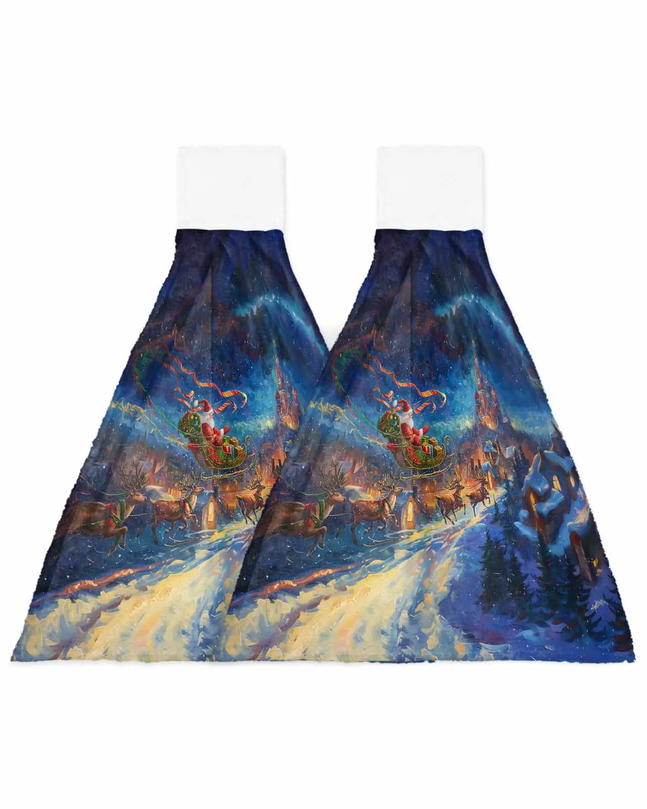 Christmas Night Scene Santa Claus Sled Reindeer Wipe Hand Towel Absorbent Hanging Towels Kitchen Wipe Dishcloths Bathroom Wipe