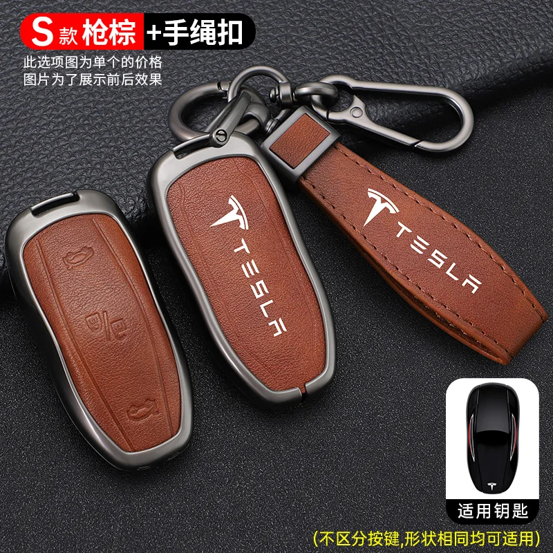 Zinc Alloy Leather Car Smart Remote Key Case Cover Holder Fob For Tesla Model 3 Model S Model Y Protector Keychain Accessories