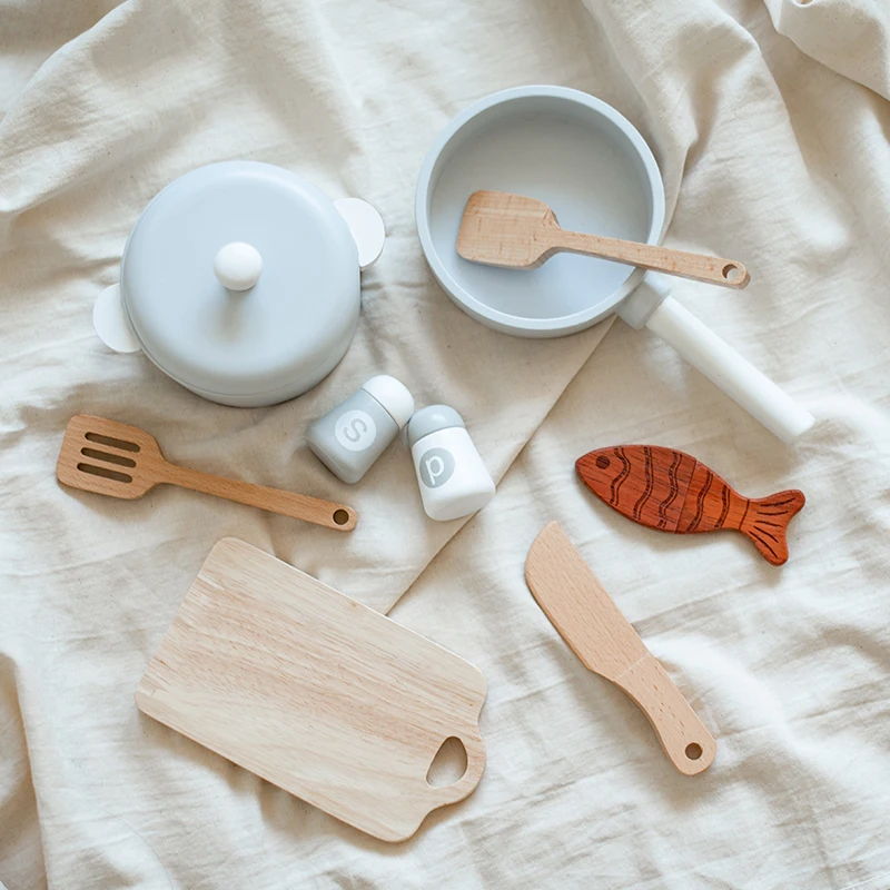 Juguetes de cocina de simulación para niños, Juguetes Educativos de Educación Temprana, ollas y sartenes de simulación de madera, comida, juego de rol para chef