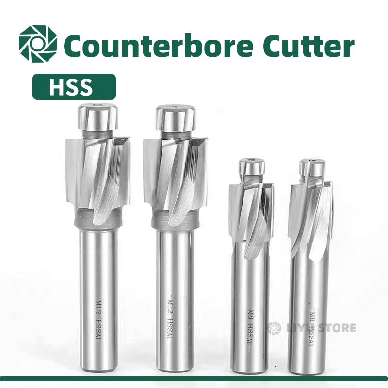 Piloted Counterbore Cutter HSS Flat Bolt Hole Cap Screw Countersink Milling Tool 4 Flutes Pilot M3 M20 Spot Router Slot Drill