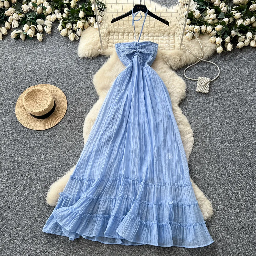 Women's Dress Vacation Vibes Solid Halter Neck Maxi Dress High Waist A-Line Summer & Resort Wear Tiered Vestido Female DS497