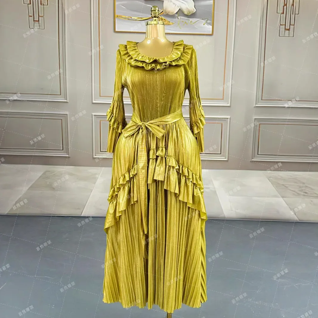 

Miyake Style Pleated Dress Women 2025 New Lotus Leaf Collar Long Sleeve Spliced ​​trouser Loose Large Size Pleated Long Skirt