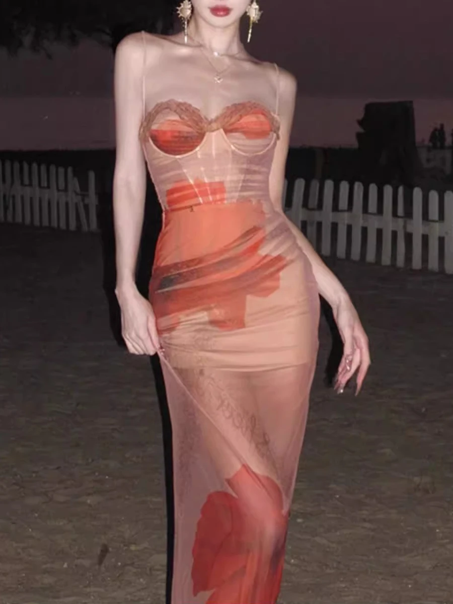 TWOTWINSTYLE Hit Color Slimming Printing Sexy Dresses for Women Strapless Spaghetti Strap Tunic Sheer Spliced Lace Dress Female