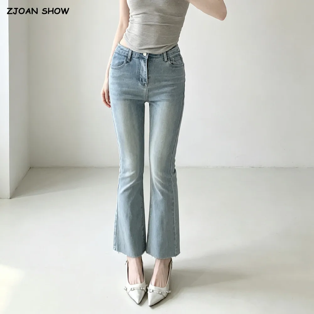 American Retro Women Skinny High Waist Flare Jeans Slim Fit Stretch Boot Cut Denim Pants Burr Cuff Ankle Length Tight Trousers