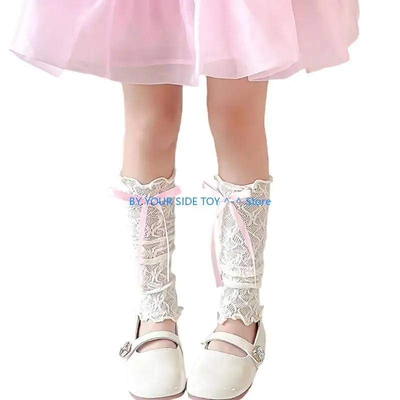 Lace Ruffle Leg Warmer for Spring Elegant Ribbon Bowknot Slouchy Socks Leg Cover Breathable Socks U6XE