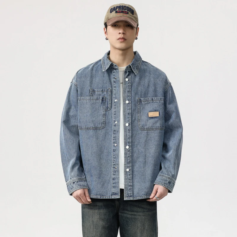 

Classic American Heavyweight Denim irt Men's Long Sve Spring 2024 Loose Casual Workwear Jaet Outerwear