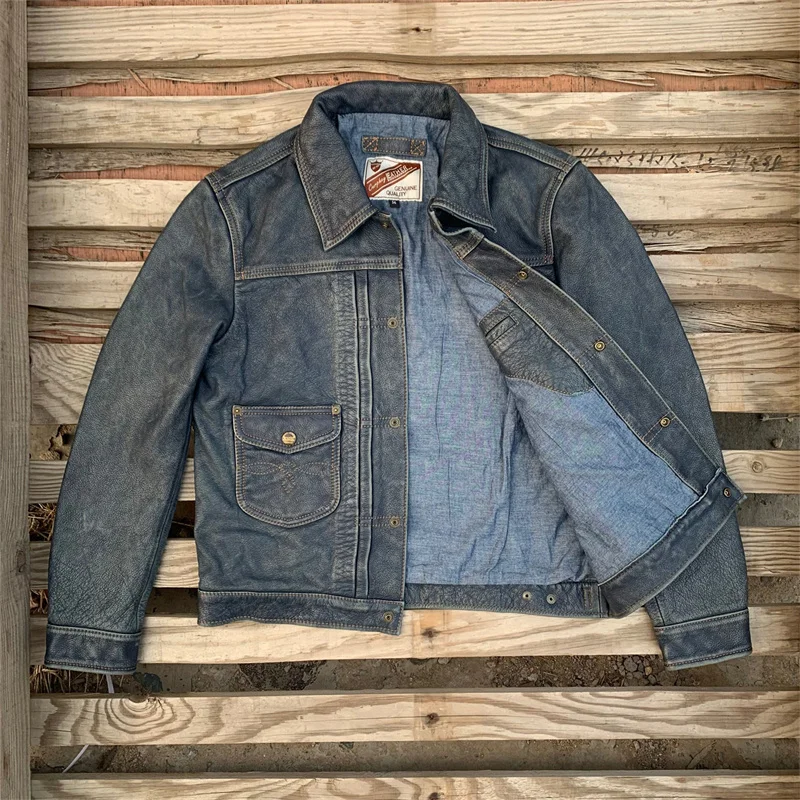 Blue Autumn Leather Jacket Men Vintage Style Plus Size 5XL Genuine Natural Cowhide Turn-Down Collar Single Breasted Denim Coat